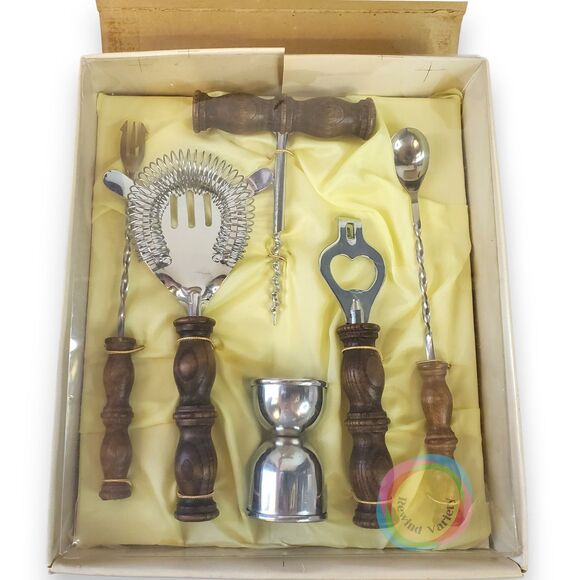 VTG 60s Bar Tool Set MCM Wood Handle Cocktail Strainer Jigger BOXED NOS Mad Men - Picture 3 of 12